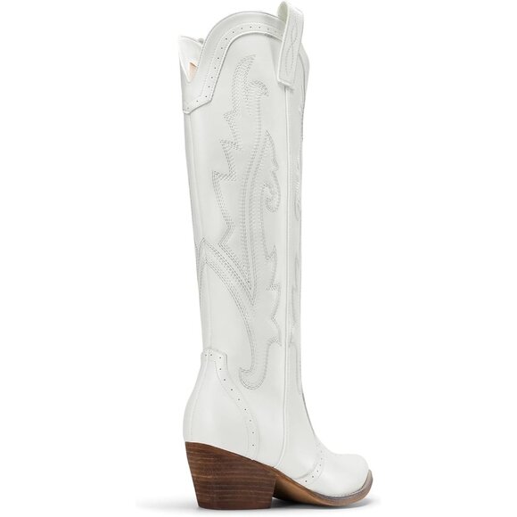 Women's White Comfortable Chunky Heel Embroidered Western Retro Knee High Boot - Picture 8 of 9